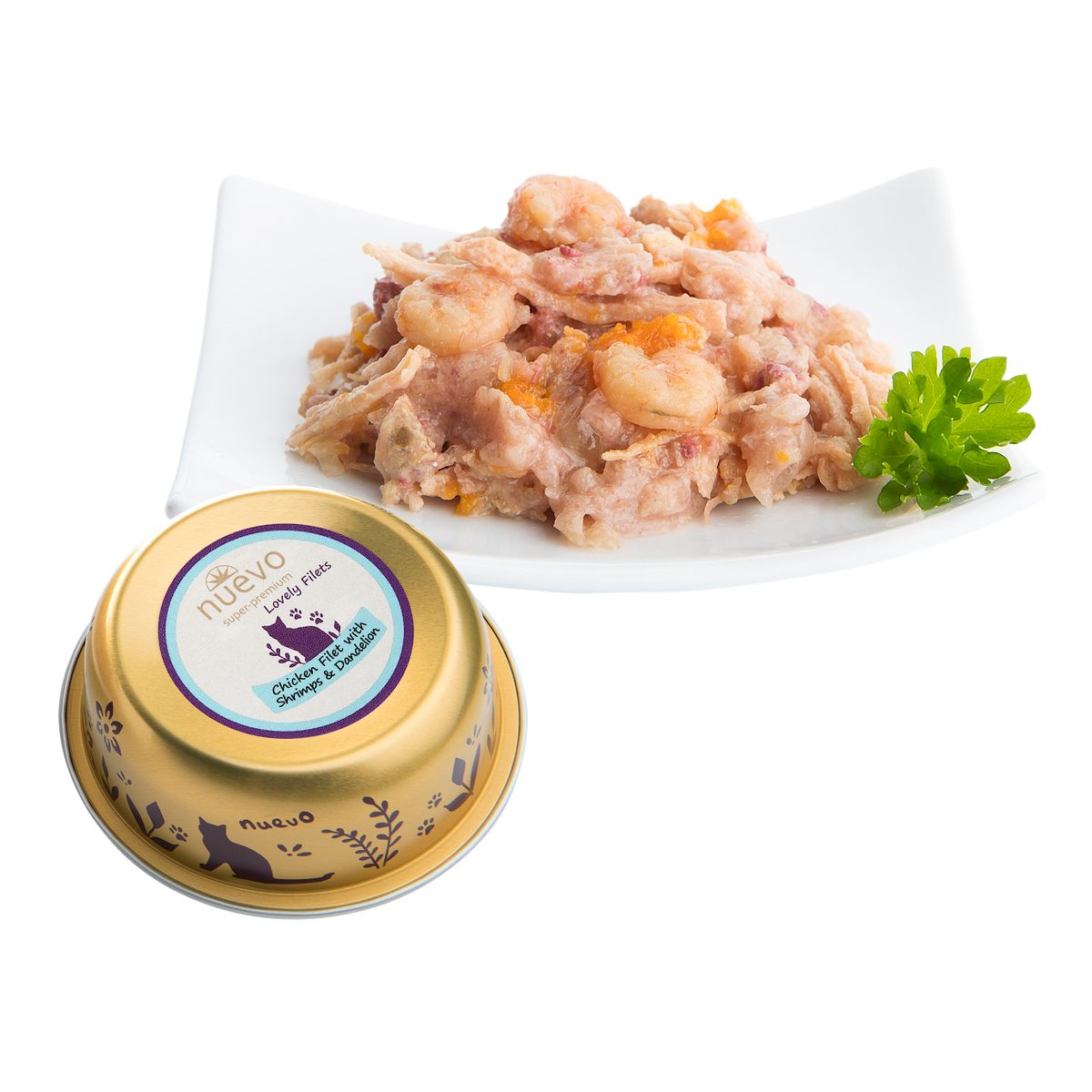 Nuevo Gato Adulto Filete Pollo con Camarones y Diente de Leon 85 g