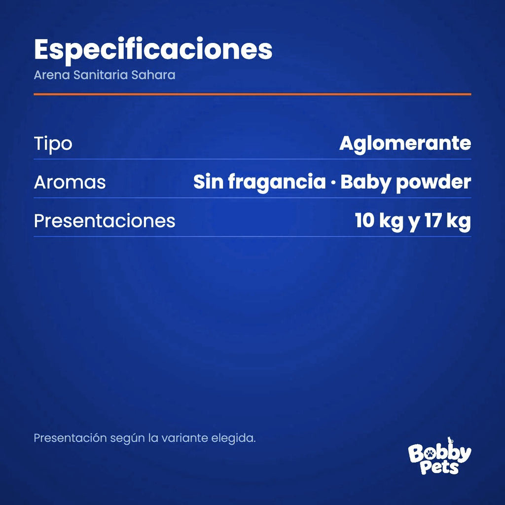 Especificaciones — Arena Sanitaria Sahara