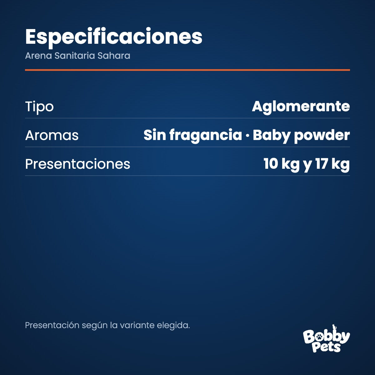 Especificaciones — Arena Sanitaria Sahara