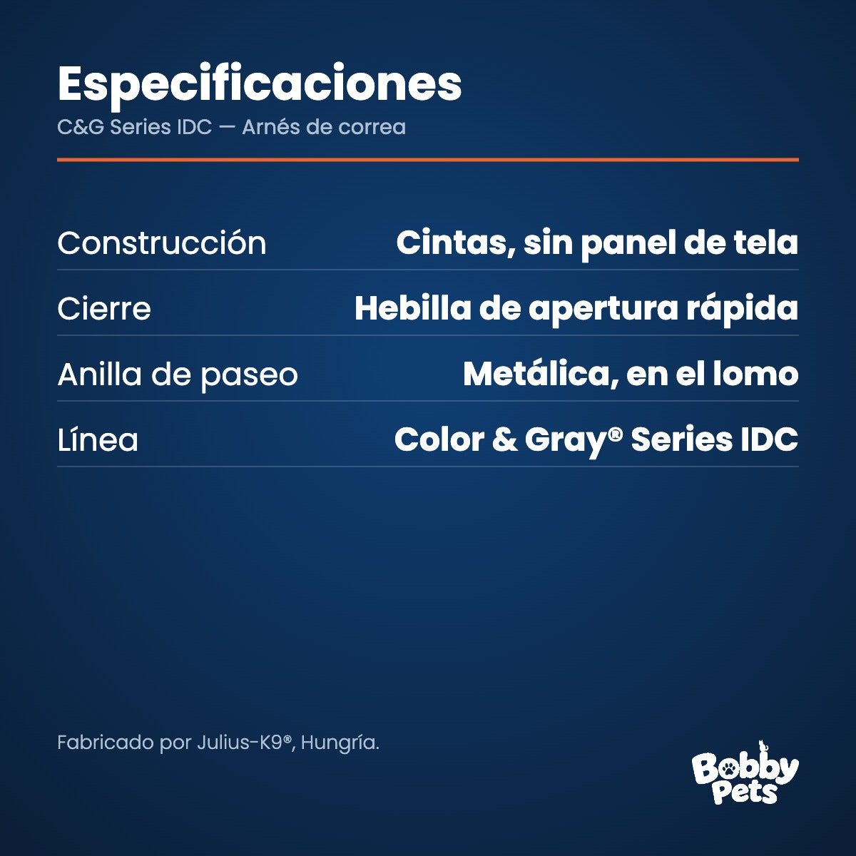 Especificaciones — Julius-K9 C&G Series IDC — Arnés de correa