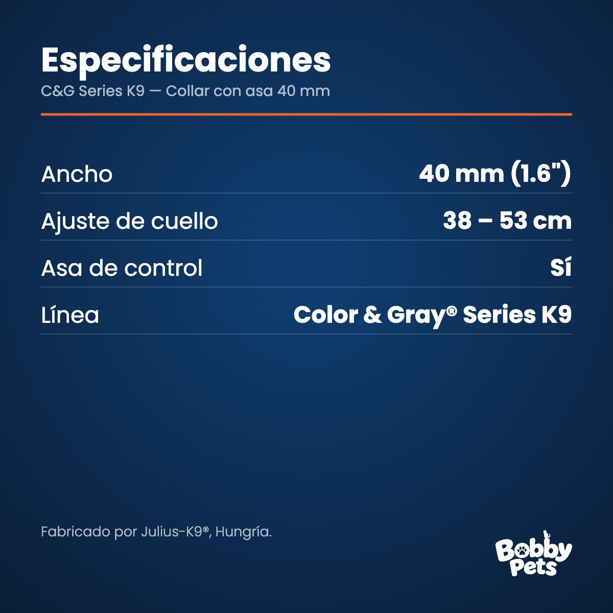 Especificaciones — Julius-K9 C&G Series K9 — Collar con asa 40 mm