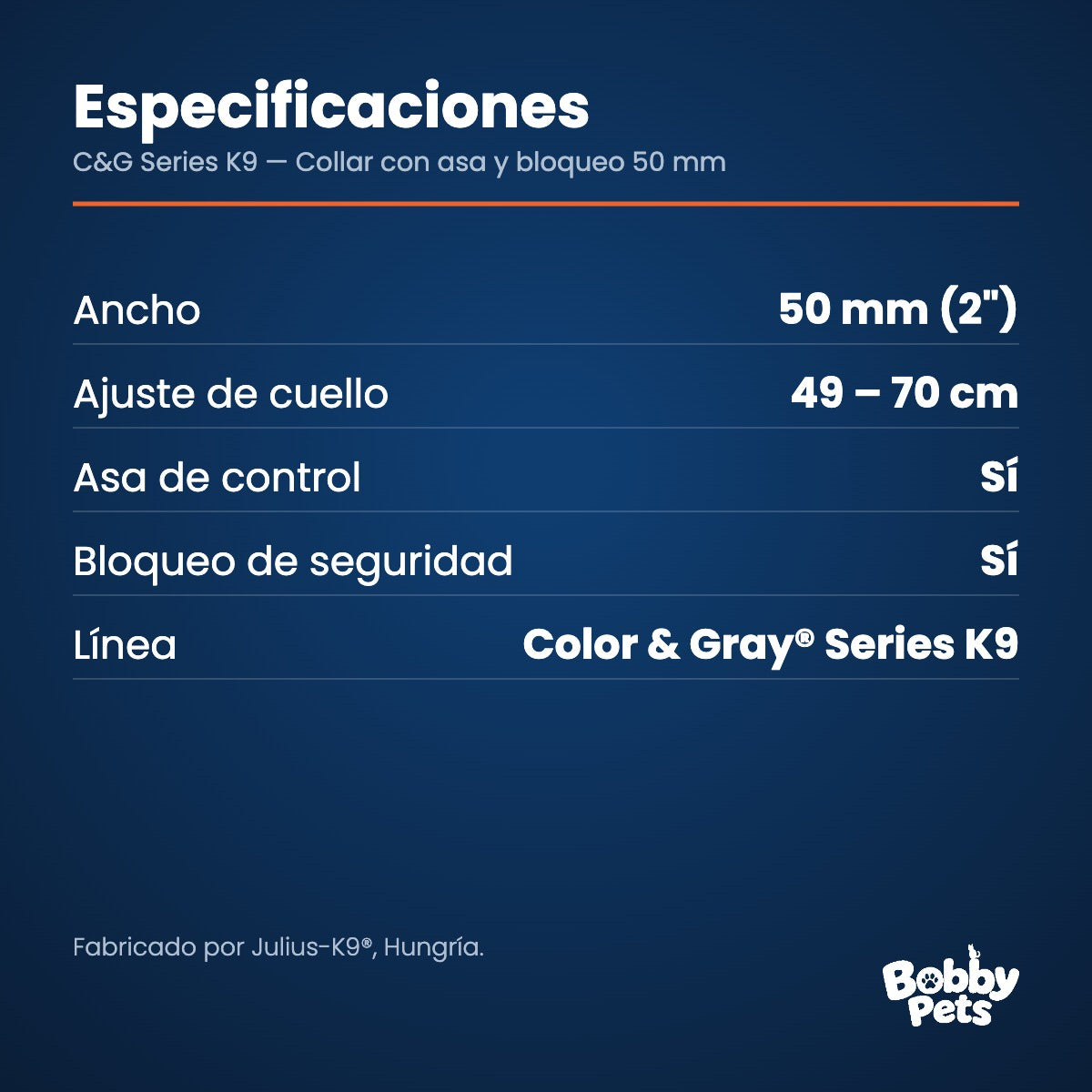Especificaciones — Julius-K9 C&G Series K9 — Collar con asa y bloqueo 50 mm