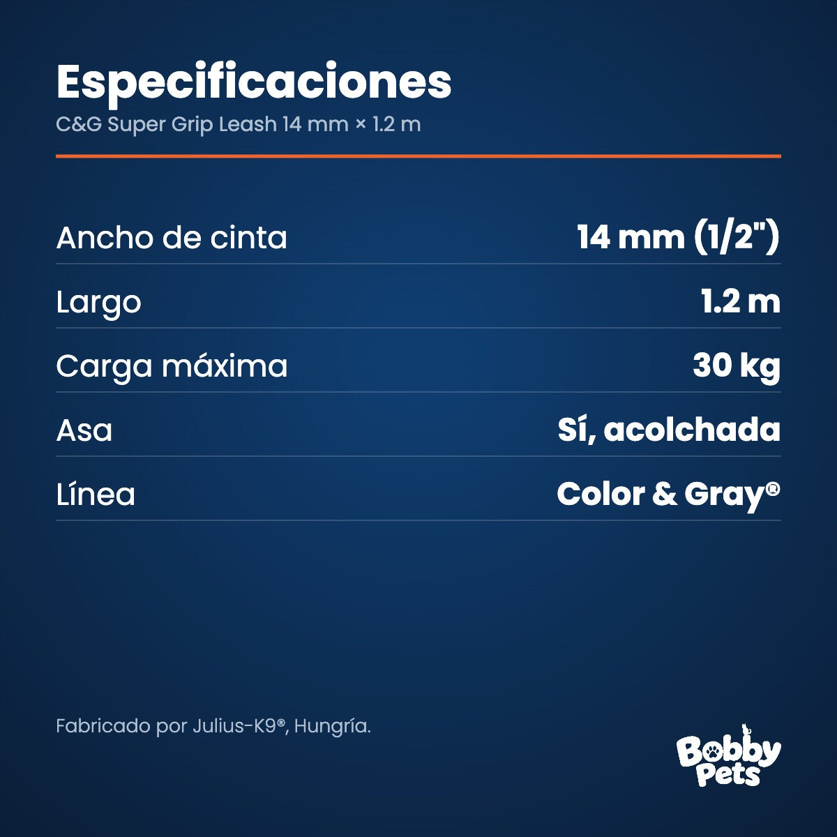Especificaciones — Julius-K9 C&G Super Grip Leash 14 mm × 1.2 m