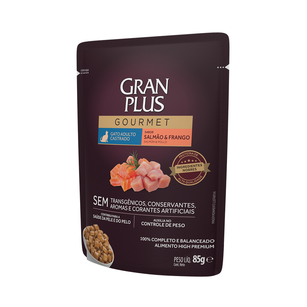 Gran Plus Sobre Gourmet Gato Adulto Esterilizados Salmón y Pollo 85 g