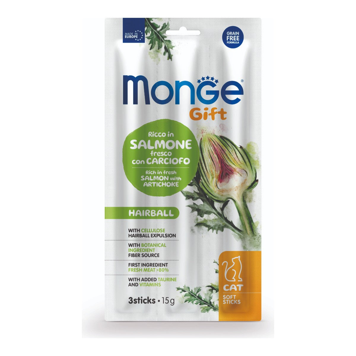 Monge Gift Soft Sticks Hairball Cat (Salmon+Alcachofa) 15 g
