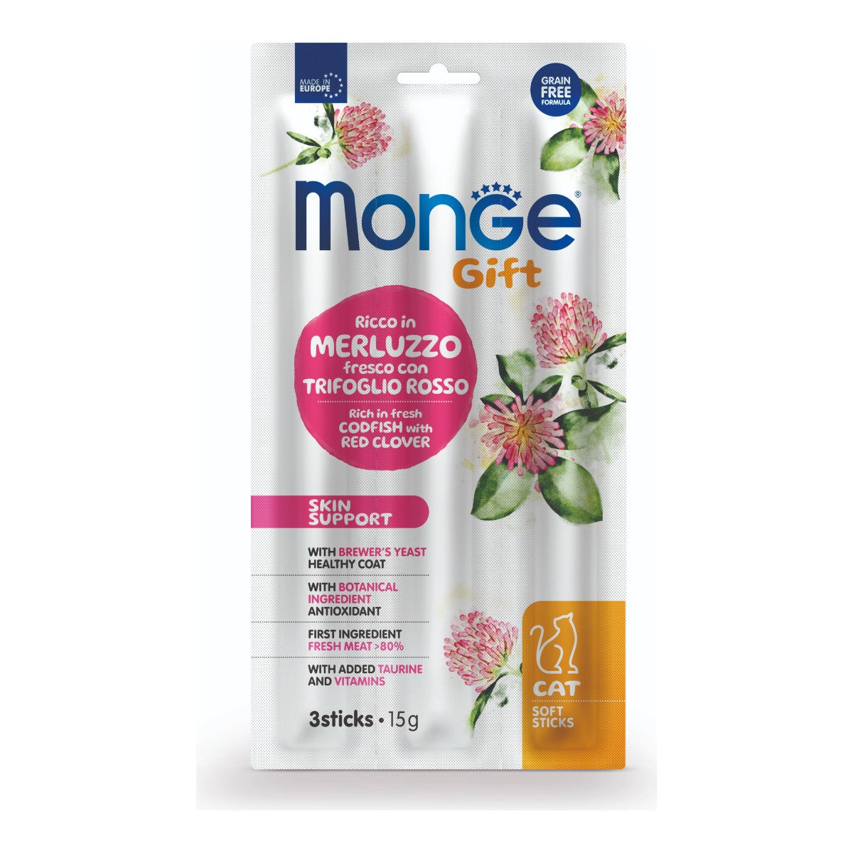 Monge Gift Soft Sticks Skin Support Cat (Bacalao+Trebol Rojo) 15 g