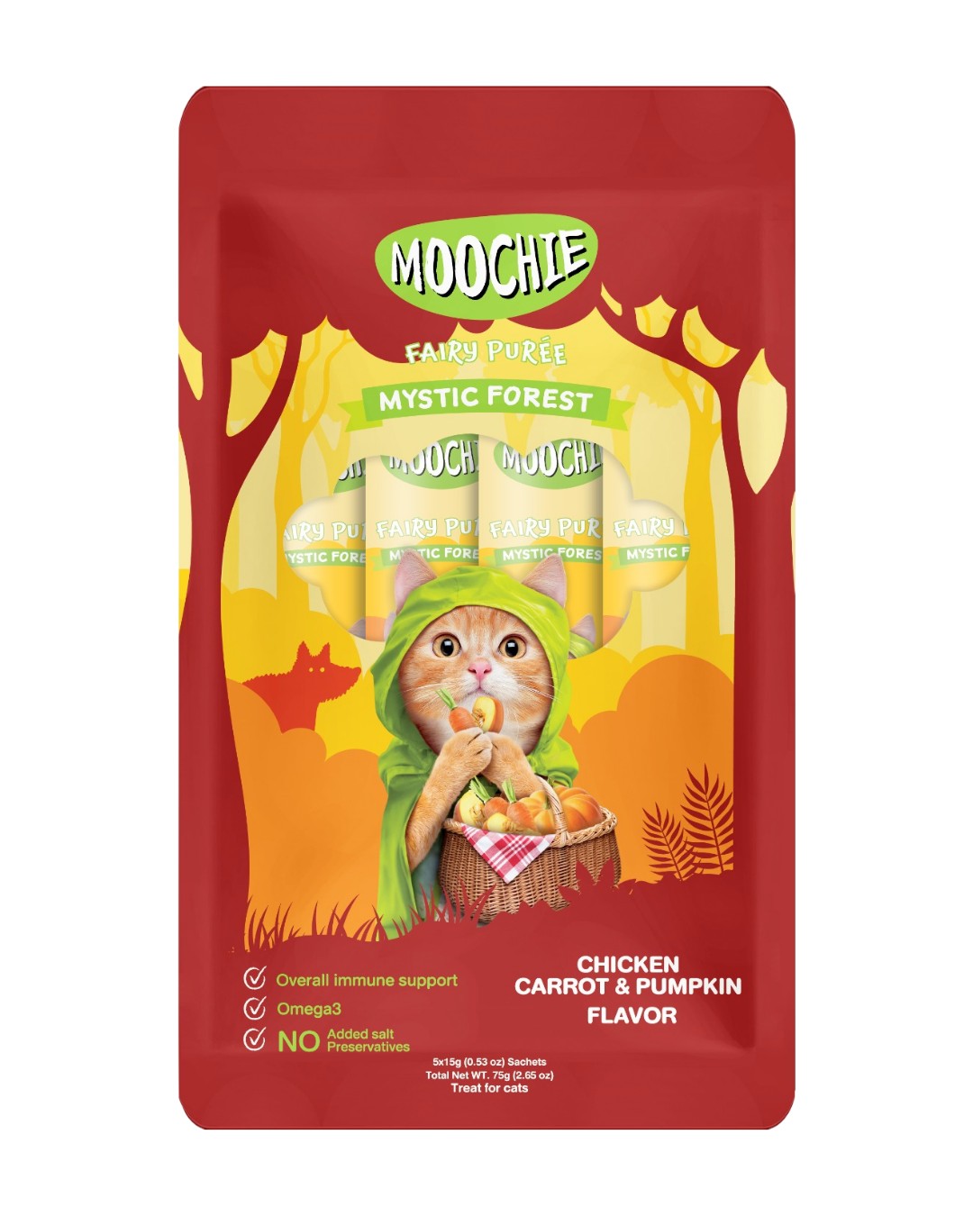 Moochie Cat Lickable Pollo, Zanahoria y Calabaza 5 x 15 g