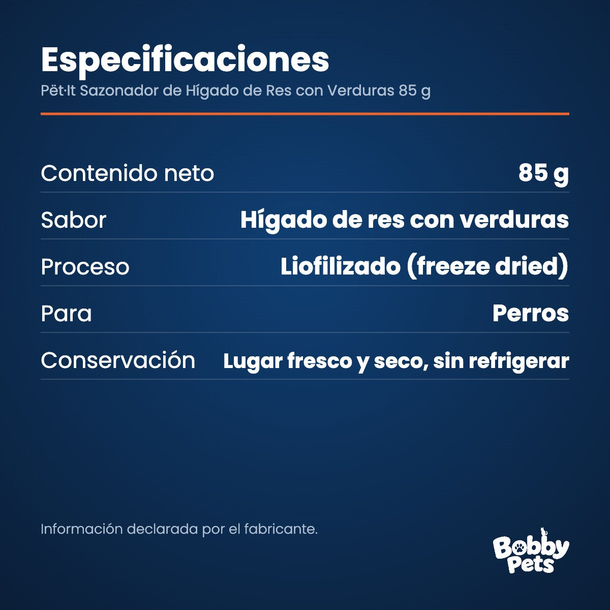 Especificaciones — Pët·It Sazonador de Hígado de Res con Verduras 85 g
