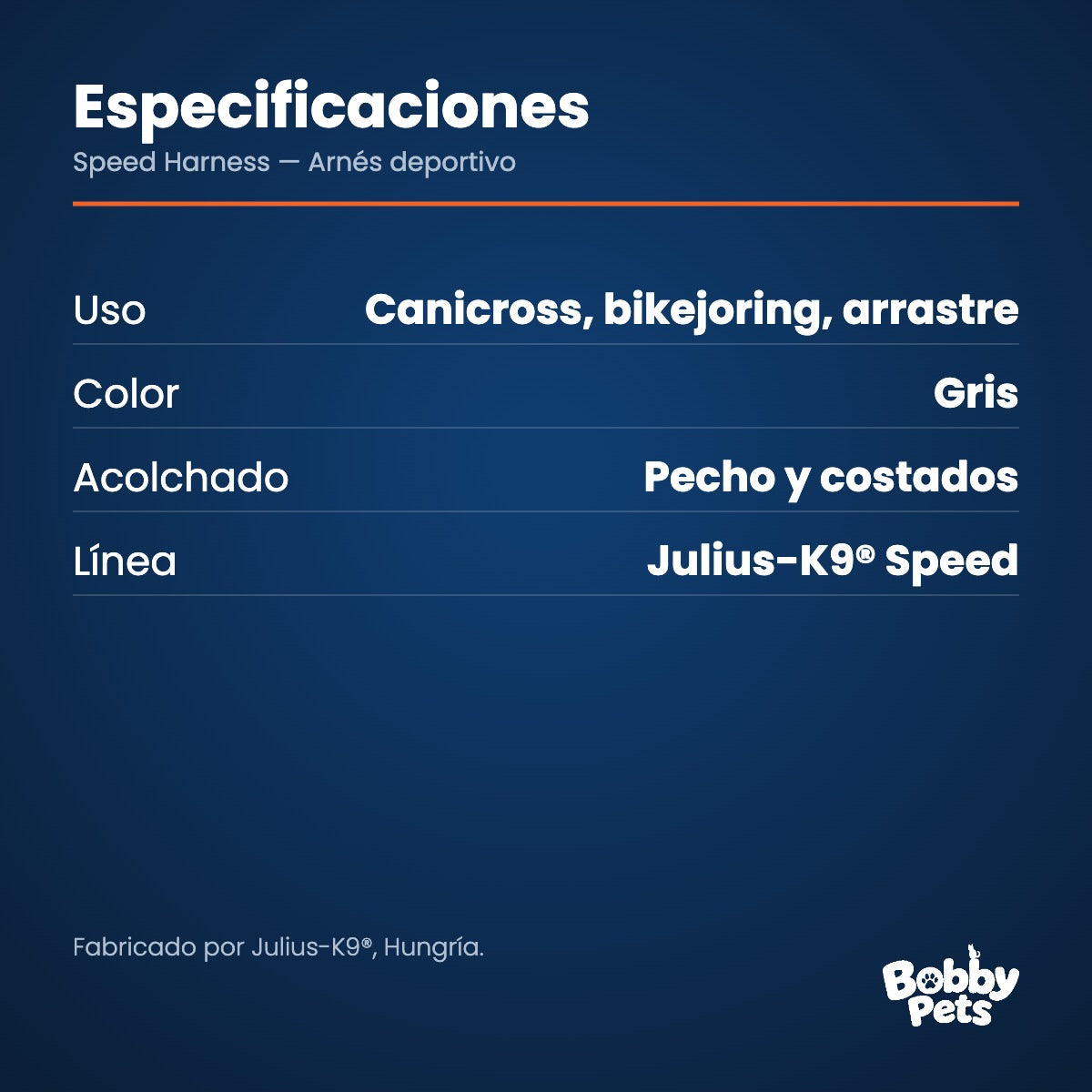 Especificaciones — Julius-K9 Speed Harness — Arnés deportivo